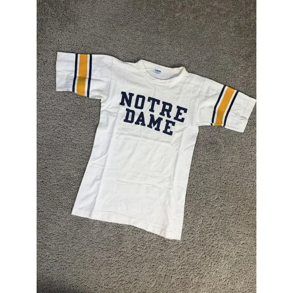 Vintage 70s Notre Dame Shirt Mens Small White Blue Bar Champion Fighting Irish - Picture 2 of 10